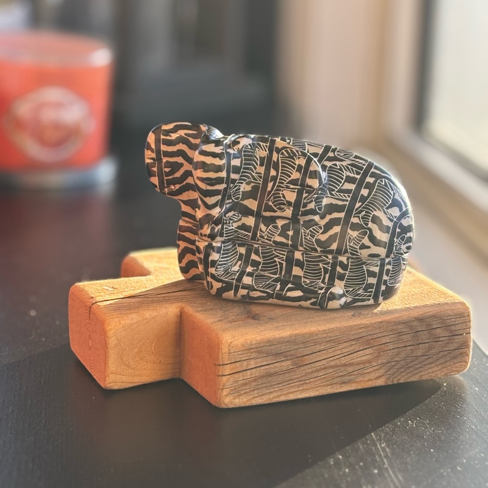 Artistic Zebra Print Sculpture on soapstone with elephant model made in Kenya